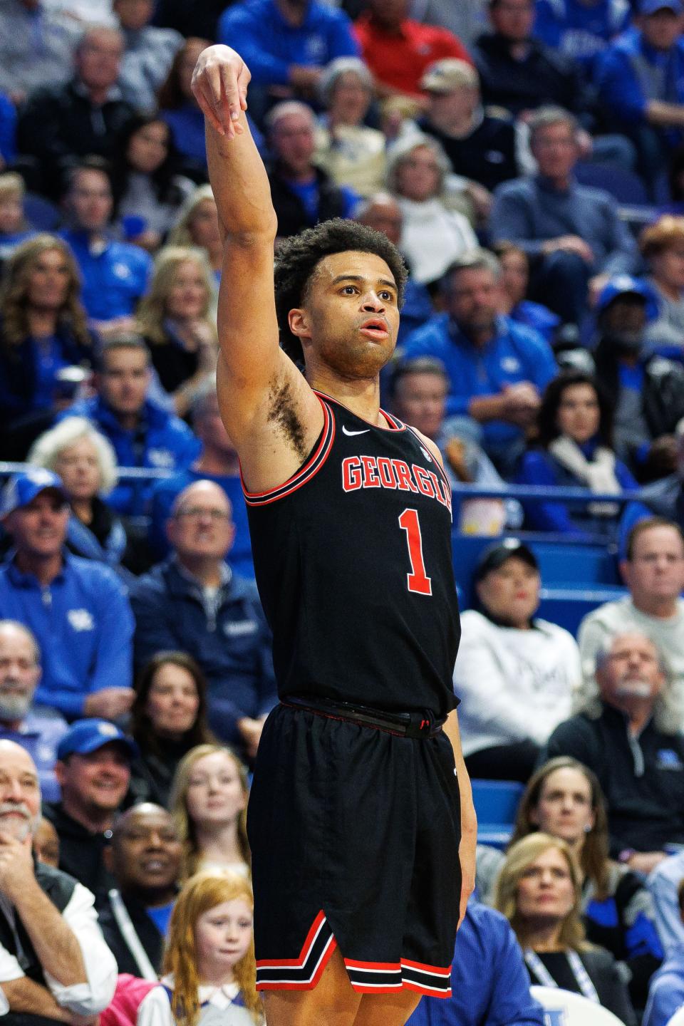 Jan 20, 2024; Lexington, Kentucky, USA; Georgia Bulldogs guard Jabri Abdur-Rahim (1) makes a basket during the first half against the Kentucky Wildcats at Rupp Arena at Central Bank Center. Mandatory Credit: Jordan Prather-USA TODAY Sports