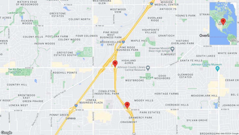 A detailed map that shows the affected road due to 'Traffic alert issued due to heavy rain conditions on southbound US-69 in Lenexa' on May 19th at 10:53 p.m.