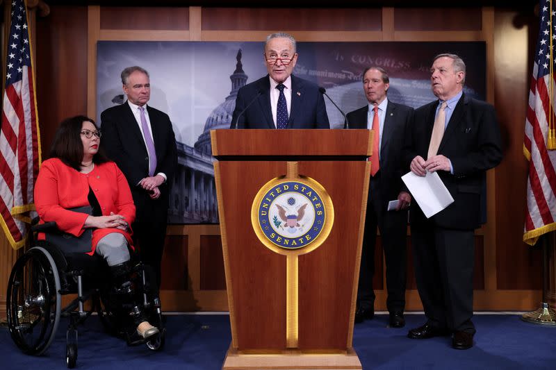 U.S. Senate Minority Leader Schumer holds a news conference after the final vote on the war powers resolution regarding potential military action against Iran, at the Capitol in Washington