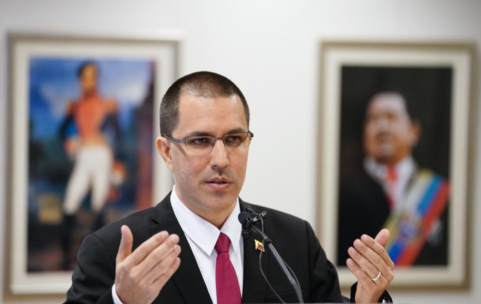 Venezuela's Foreign Minster Jorge Arreaza speaks during a press conference after visiting the International Criminal Court in The Hague, Netherlands, Thursday, Feb. 13, 2020. (AP Photo/Phil Nijhuis)