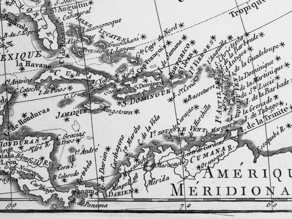 Mapa del norte de Suramérica, parte de Centroamérica y el Caribe, impreso en 1775, donde aparece el Darién. (Getty Images)