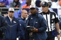 Sep 23, 2018; Baltimore, MD, USA; Denver Broncos head coach Vance Joseph walks down the sidelines during the second quarter against the Baltimore Ravens at M&T Bank Stadium. Mandatory Credit: Tommy Gilligan-USA TODAY Sports