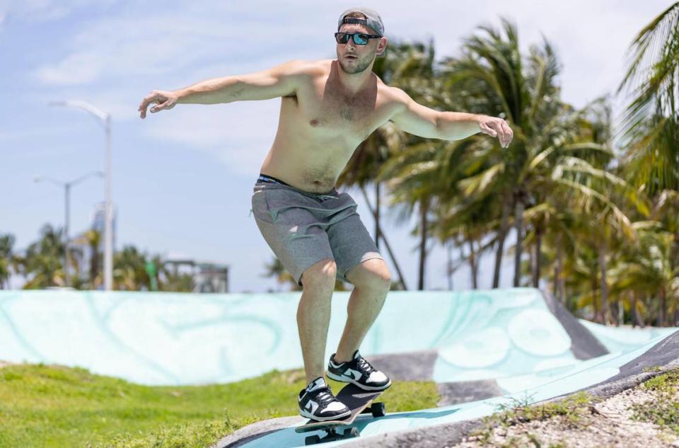 Gerold T., 23, rides his skateboard at Haulover Skateboard Park on June 14, 2023, in Miami Beach. Miami-Dade County issued a heat advisory that day for residents after the National Weather Service estimated the heat index would reach between 105 and 108 degrees. MATIAS J. OCNER/mocner@miamiherald.com