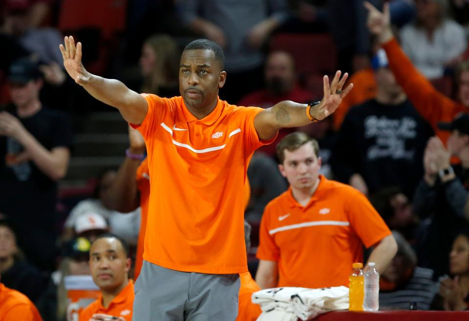 Oklahoma State head coach Mike Boynton reacts in the second half during the men's Bedlam college basketball game between the University of Oklahoma Sooners and the Oklahoma State Cowboys at Lloyd Noble Center in Norman, Okla., Wednesday, Feb.1, 2023. OSU beat 71-61.