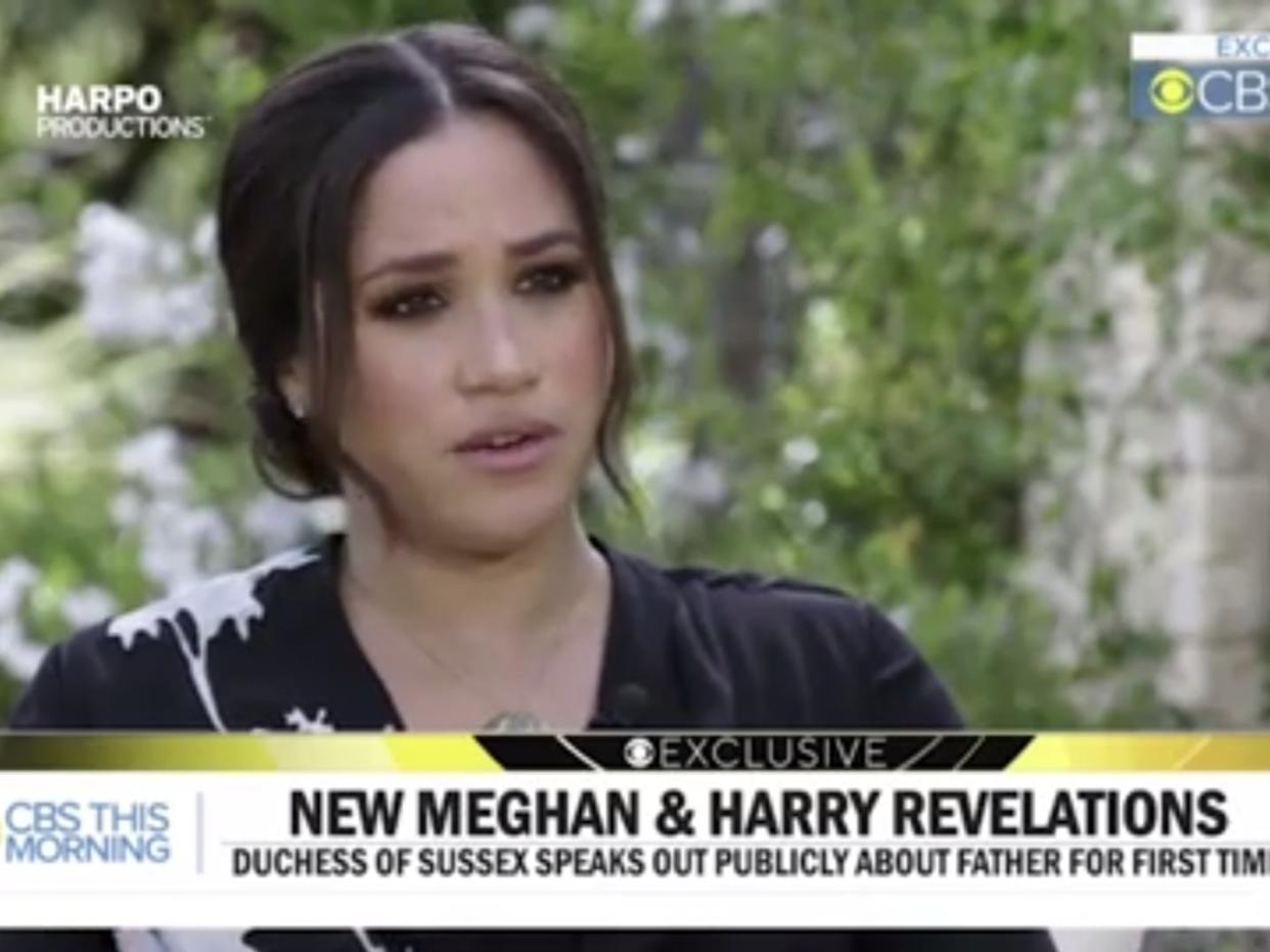 <p>Meghan Markle says she felt ‘betrayed’ by father talking to the press</p> (CBS)