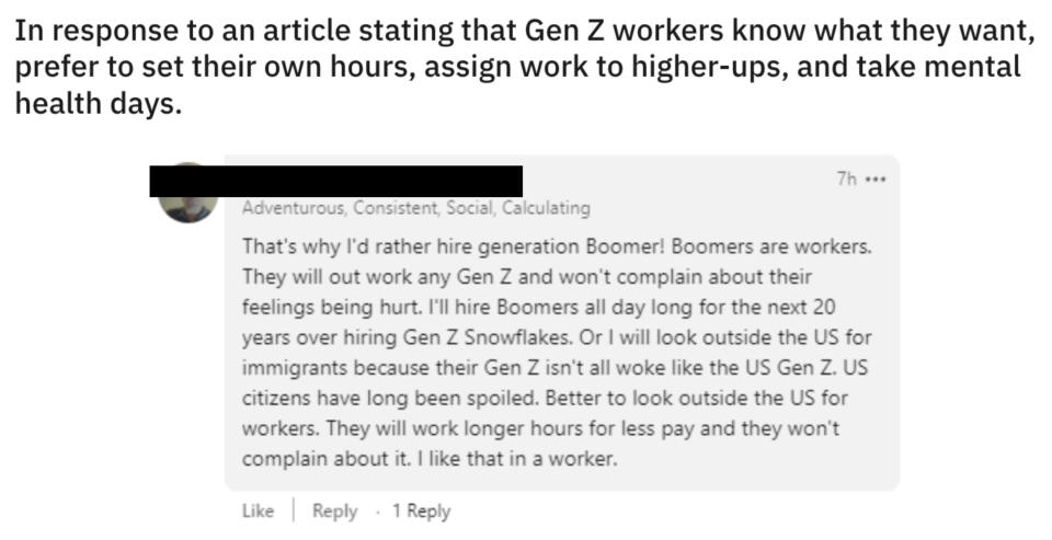 Social media post that says, "That's why I'd rather hire generation Boomer! Boomers are workers. They will out work any Gen Z and won't complain about their feelings being hurt."