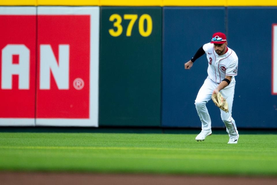 Cincinnati Reds right fielder Albert Almora Jr. (3) catches a fly ball in the fourth inning of the MLB game between the Cincinnati Reds and the Los Angeles Dodgers in Cincinnati at Great American Ball Park on Tuesday, June 21, 2022. 