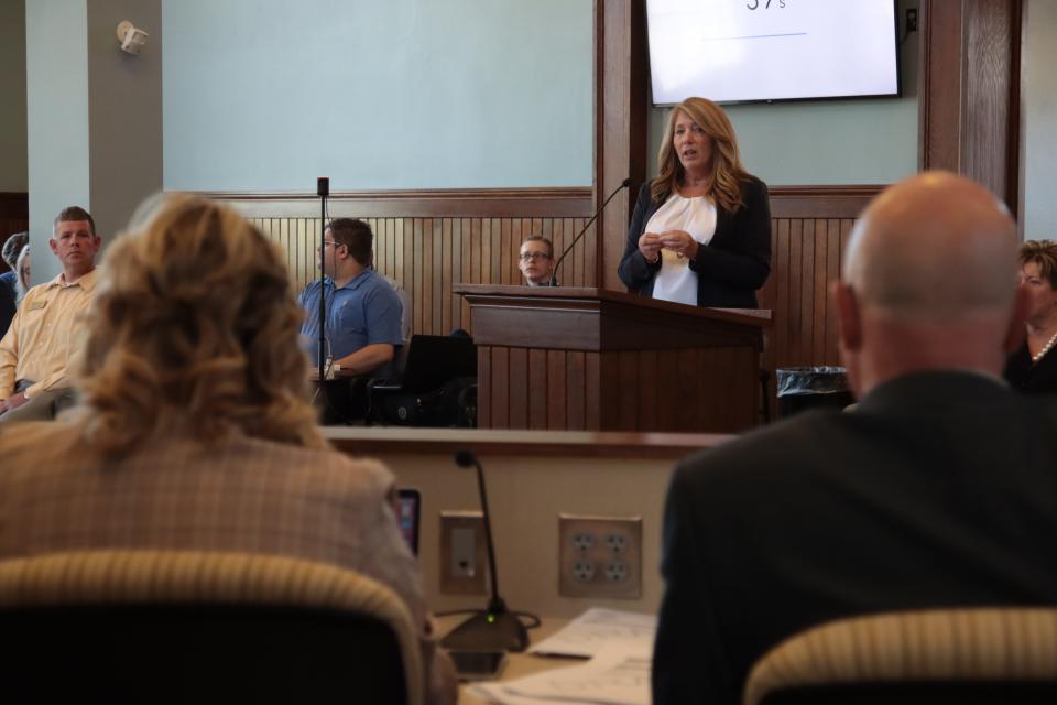 Lenawee County Administrator Kim Murphy addresses the Adrian City Commission during its special meeting Monday about Lenawee County's proposed Project Phoenix recreation and events center in Tecumseh.