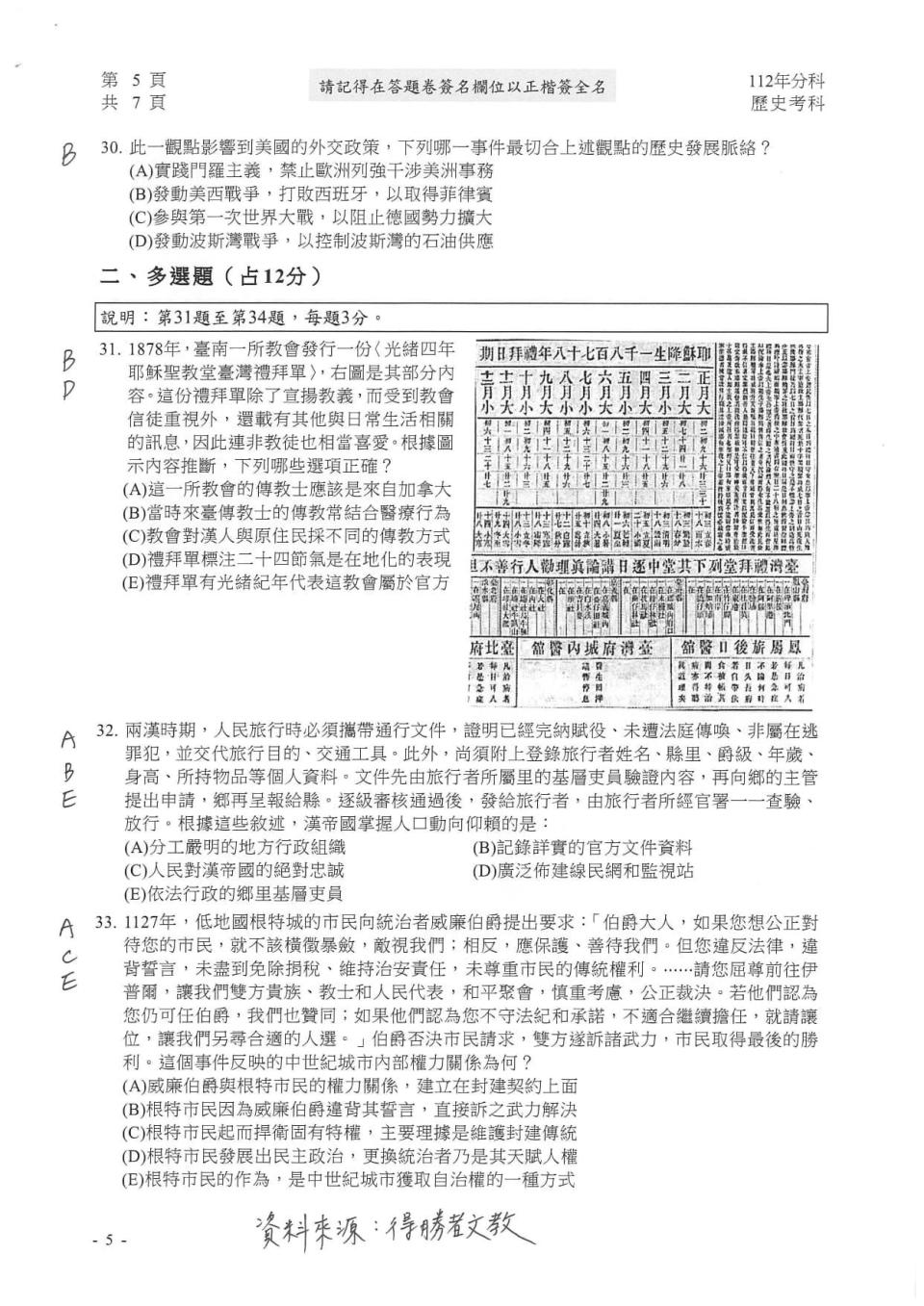 大學分科測驗歷史科試題參考解答。（圖／得勝者文教提供）