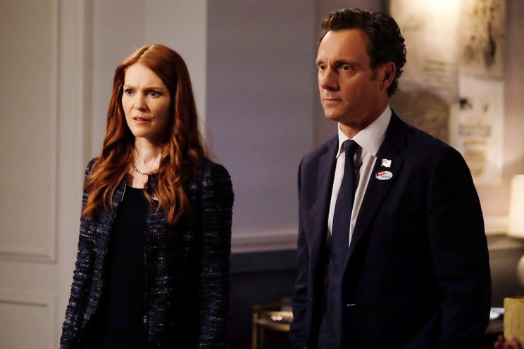 Darby Stanchfield and Tony Goldwyn in <em>Scandal</em>. (Credit: John Fleenor/ABC)