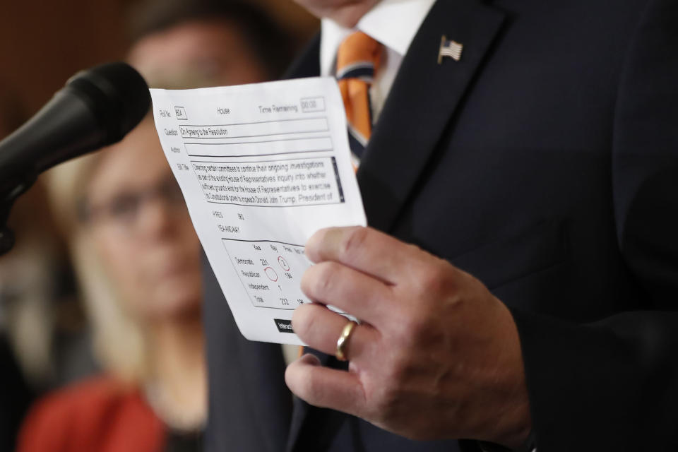 Rep. Steve Scalise, R-LA., holds up a copy of the House tally, with all Republicans who voted opposing the resolution, while speaking during a news conference on Capitol Hill in Washington, Thursday, Oct. 31, 2019. Democrats pushed a package of ground rules for their inquiry of President Donald Trump through a sharply divided House, the chamber's first formal vote in a fight that could stretch into 2020 election. (AP Photo/Pablo Martinez Monsivais)