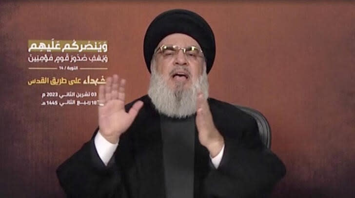 El líder de Hezbolá, Sayyed Hassan Nasrallah, pronuncia su primer discurso desde el inicio del conflicto entre el grupo palestino Hamás e Israel, desde un lugar no especificado en Líbano