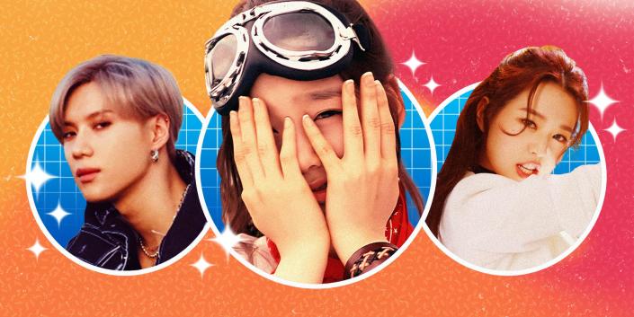 3 KPOP stars headshots surrounded by stars in the foreground with a three color gradient background