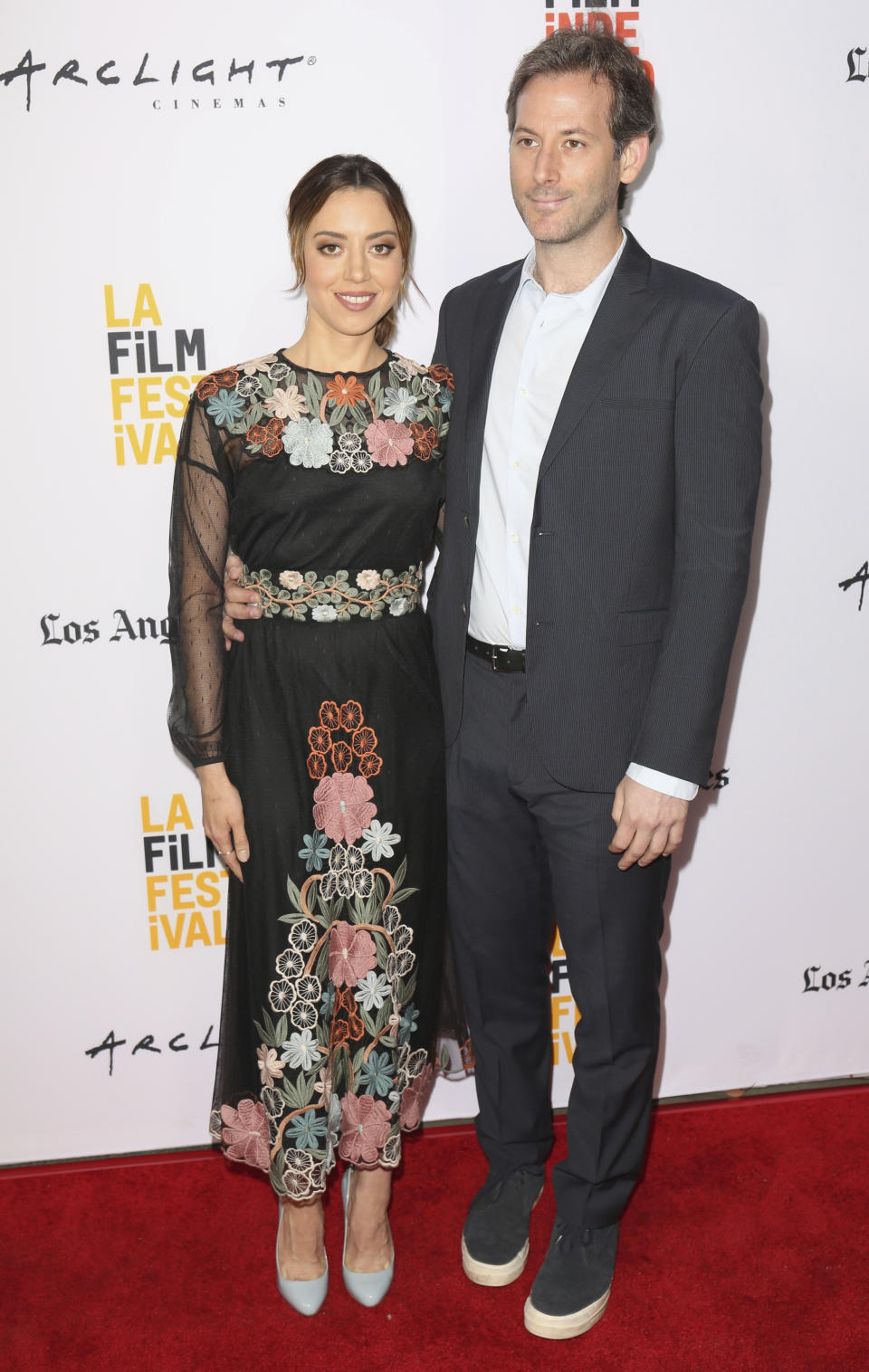 FILE - In this Monday, June 19, 2017, file photo, Aubrey Plaza, left, and Jeff Baena arrive at the premiere of "The Little Hours" at the 2017 Los Angeles Film Festival in Culver City, Calif. Plaza has married her longtime boyfriend, director and screenwriter Baena. The “Parks and Recreation” actor called Baena “my husband” for the first time publicly Friday, May 7, 2021, in an Instagram post. (Photo by Willy Sanjuan/Invision/AP, File)