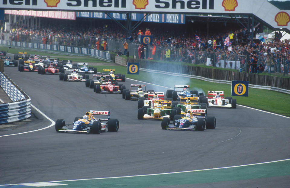 Blast from the past: Copse has always been fast – here’s Patrese getting his nose ahead of Mansell in the Williams cars (with TV pundit Martin Brundle just behind in the Benetton) at the start of the 1992 British Grand Prix