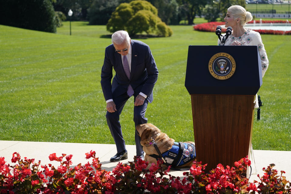 Actress Selma Blair looks on as President Joe Biden looks at Blair's service dog Scout as they arrive to speak at an event to celebrate the Americans with Disabilities Act on the South Lawn of the White House, Monday, Oct. 2, 2023, in Washington. (AP Photo/Evan Vucci)