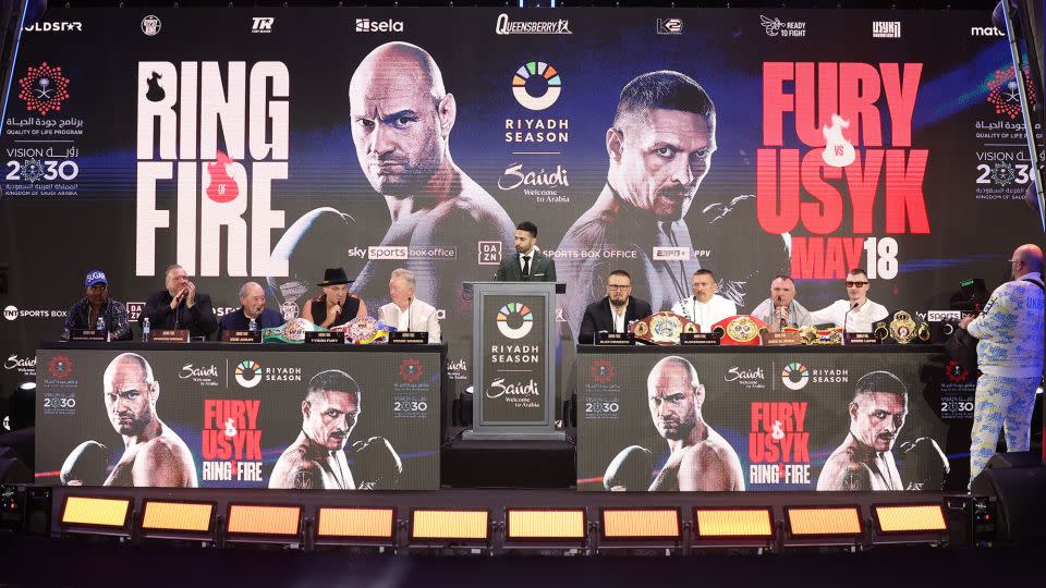 A general view of Tyson Fury and Oleksandr Usyk speaking to the media on May 16, 2024 in Riyadh, Saudi Arabia. (Photo by Richard Pelham/Getty Images) - Richard Pelham/Getty Images