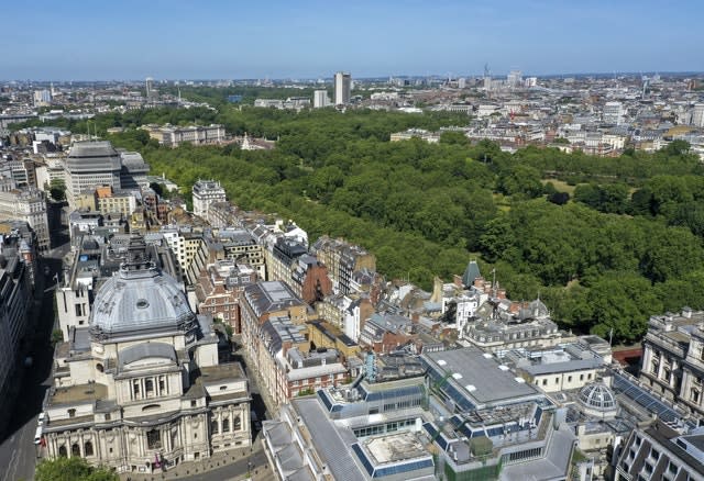 An aerial view of London showing Buckingham Palace and St James’s Park, the Ministry of Justice on Tothill Street, Methodist Central Hall and Matthew Parker Street (bottom left) and the Queen Elizabeth II Centre (bottom right) 