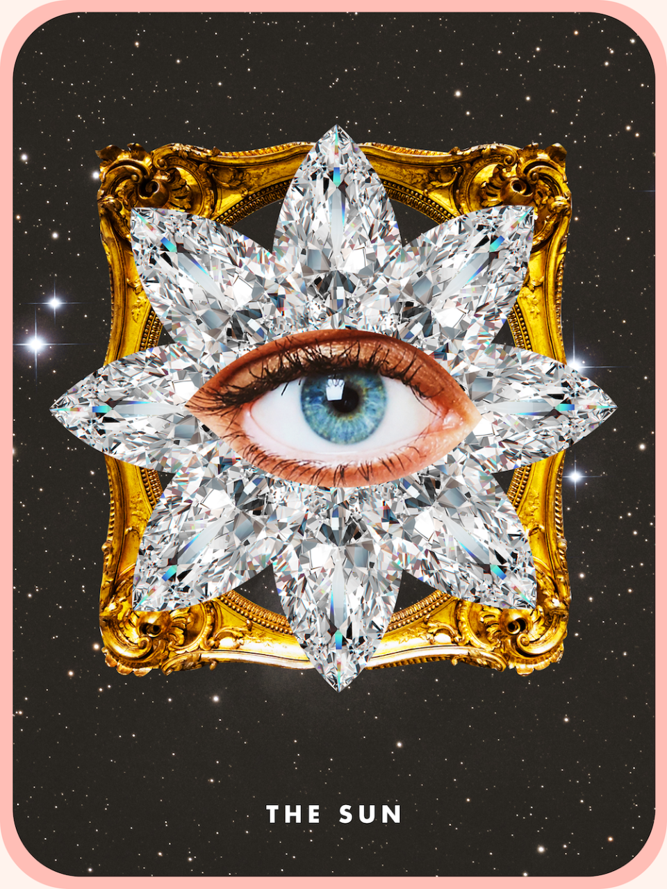 the tarot card the sun, showing a single eye in the middle of a star shaped diamond