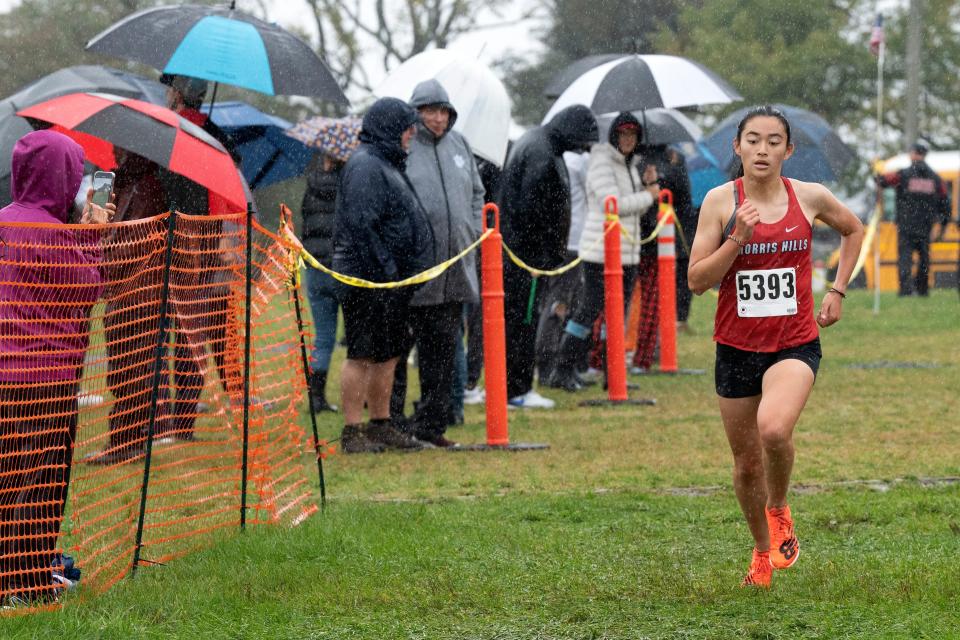 Sep 23, 2023; Woodland Park, NJ, USA; Ivory Piskula, Morris Hills, finishes first in a girls varsity race at a cross-country invitational at Garret Mountain Reservation. Mandatory Credit: Michael Karas-The Bergen Record