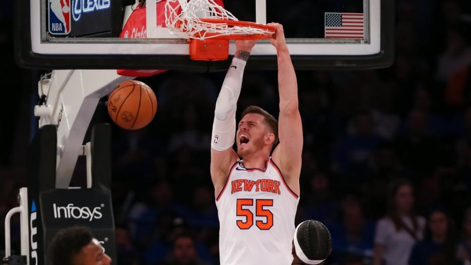 Oct 21, 2022; New York, New York, USA; New York Knicks center Isaiah Hartenstein (55) dunks the ball against Detroit Pistons during the second quarter at Madison Square Garden.