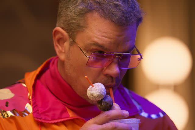 <p>Dunkin'</p> Matt Damon eating the Munchkin Skewers available now at Dunkin'.
