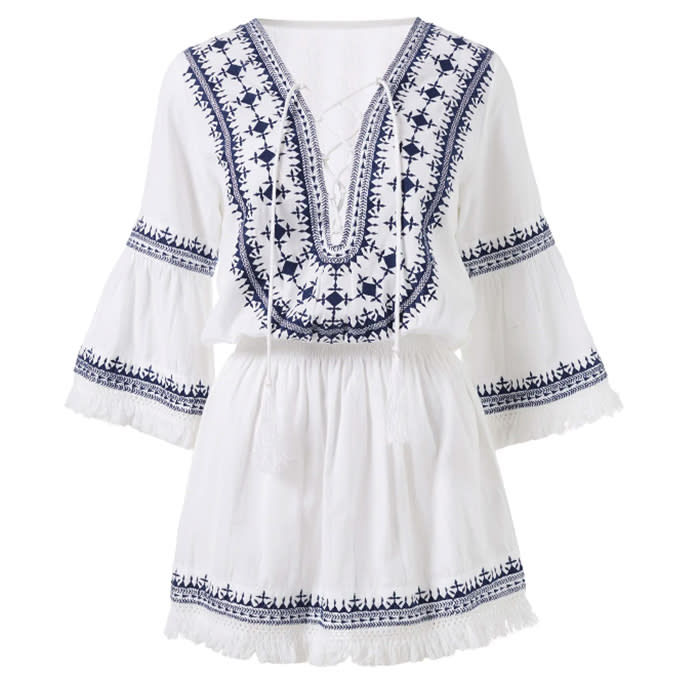 Martina Embroidered Lace-Up Linen & Cotton Cover-Up Dress