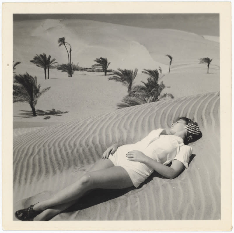 Gaby Aghion in the desert near Alexandria, Egypt, photographed by Raymond Aghion, ca. 1940–45.<p>Photo: Courtesy of Philippe Aghion and Chloé Archive, Paris</p>