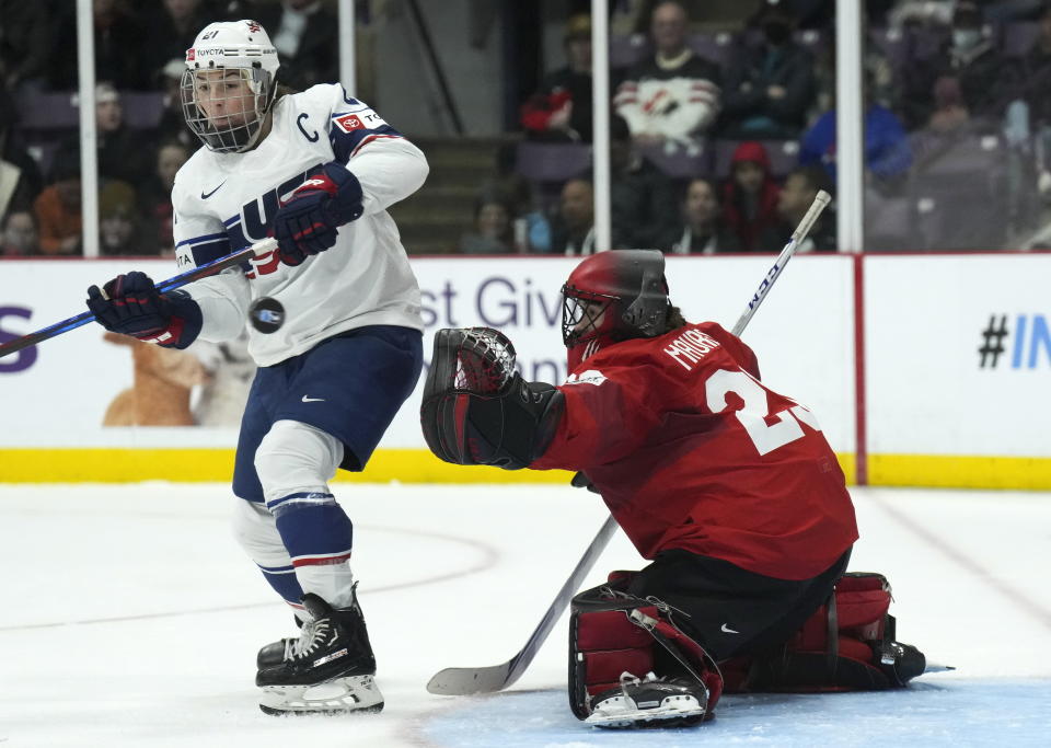 USA forward Hilary Knight (21) tries to tip the puck past Switzerland goaltender Saskia Maurer (29) during the third period of a match at the Women's World Hockey Championships in Brampton, Ontario, Friday, April 7, 2023. (Nathan Denette/The Canadian Press via AP)