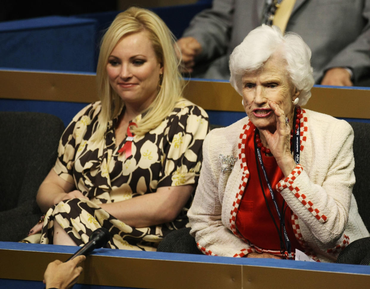 ST. PAUL, MN - SEPTEMBER 01:  Meghan McCain (L), daughter of presumptive Republican presidential nominee U.S. Sen. John McCain (R-AZ), and Roberta McCain (R), mother of Republican presidential candidate Sen. John McCain, sit on day one of the Republican National Convention (RNC) at the Xcel Energy Center September 1, 2008 in St. Paul, Minnesota. The GOP will nominate U.S. Sen. John McCain (R-AZ) as the Republican choice for U.S. President on the last day of the convention.  (Photo by Justin Sullivan/Getty Images)