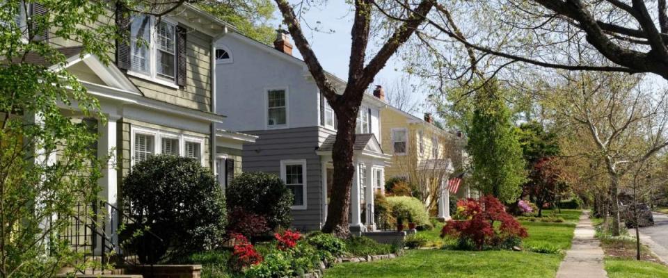 Early spring neighborhood in Richmond, Virginia-refurbished homes, trees, plants, flowers, lawns and sidewalk. Horizontal.