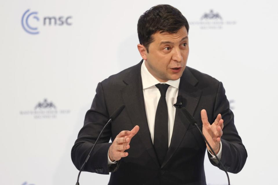 <div class="inline-image__caption"><p>Ukrainian President Volodymyr Zelensky delivers a statement during the 58th Munich Security Conference (MSC) on February 19, 2022 in Munich, Germany. </p></div> <div class="inline-image__credit">Ronald Wittek - Pool/Getty</div>