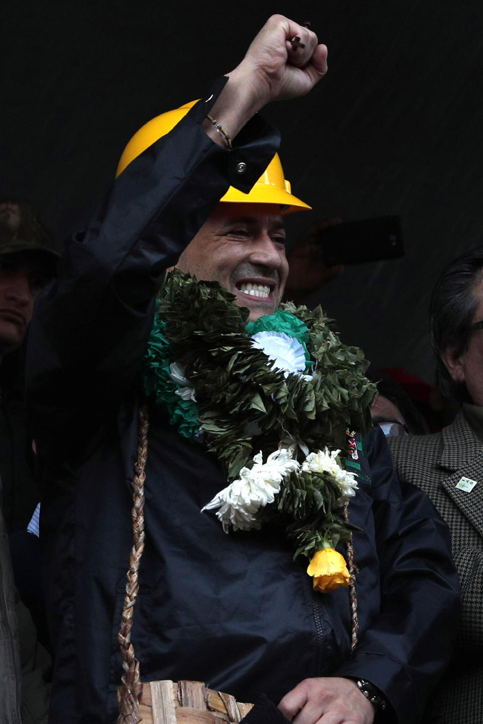 Luis Fernando Camacho, opposition leader and president of the Civic Committee Pro Santa Cruz, attends a rally with the coca leaf growers in La Paz, Bolivia, Thursday, Nov. 7, 2019. The United Nations on Thursday urged Bolivia's government and opposition to restore "dialogue and peace" after a third person was killed in street clashes that erupted after a disputed presidential election on Oct. 20. (AP Photo/Juan Karita)