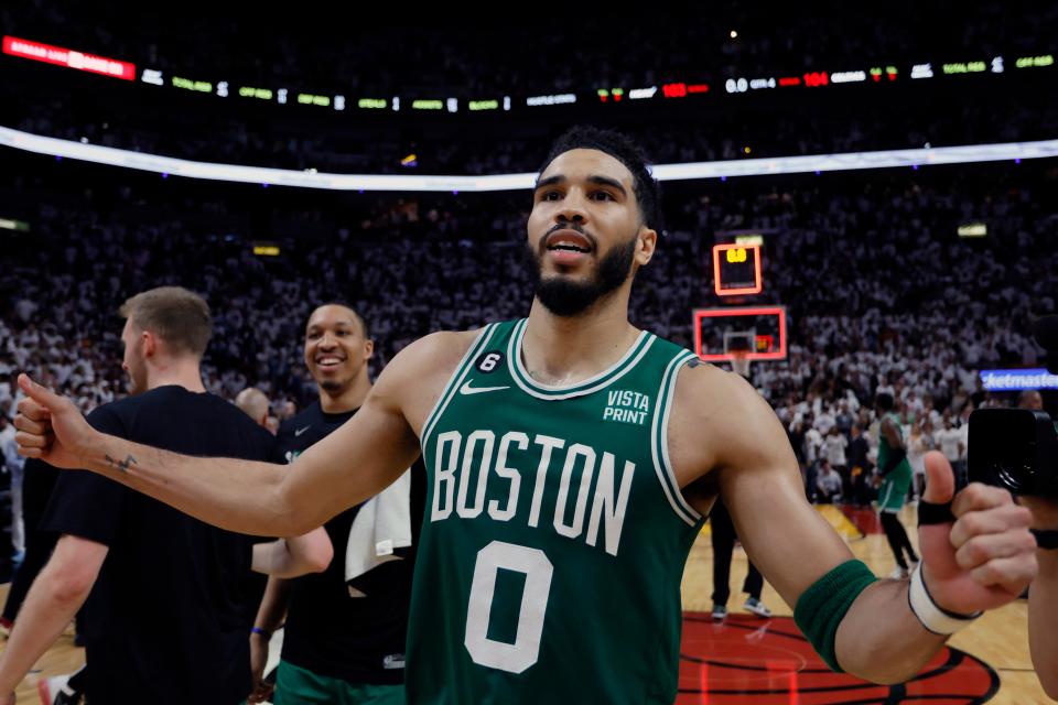 Jayson Tatum celebrates the Boston Celtics' Game 6 win over the Miami Heat.