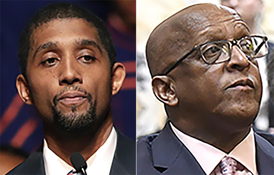 This photo combo shows, from left, Baltimore Council President Brandon Scott and Baltimore Mayor Bernard "Jack" Young. Maryland residents are going to the polls and returning mail-in ballots for the state’s primary, and the highest-profile race Tuesday, June 2, 2020, is the Democratic contest to be the nominee for Baltimore’s mayor. (AP Photo, File)