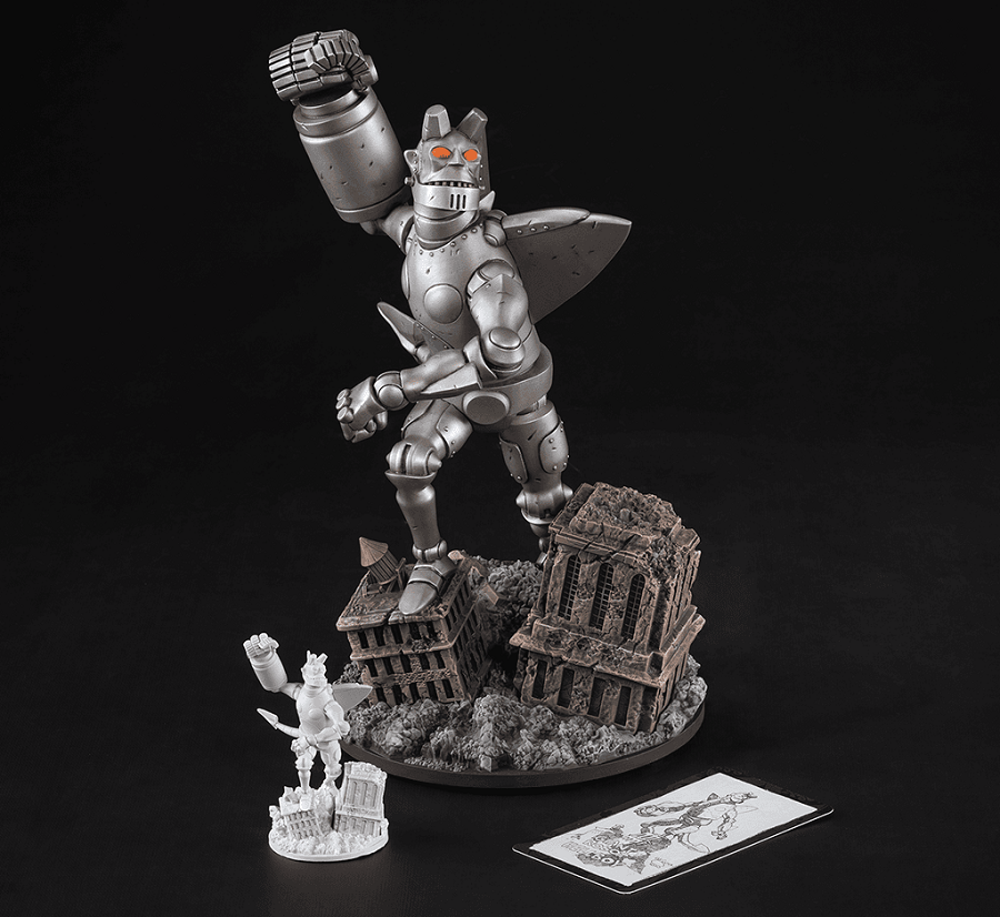 Giant Robot Hellboy stands over a ruined cityscape.