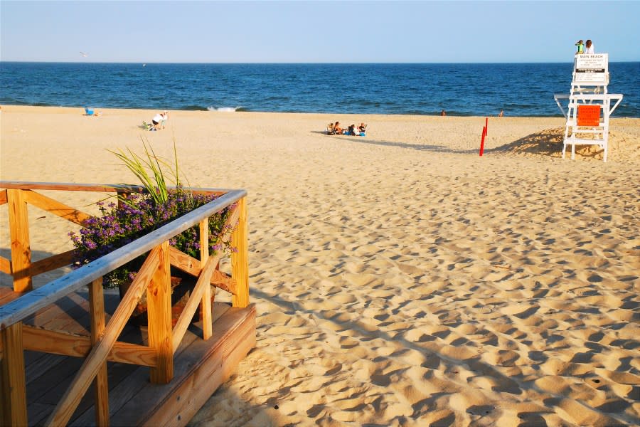 The deck of the public pavilion at Main Beach in East Hampton, Long Island. the beach is nearly deserted in the late afternoon. (Getty)