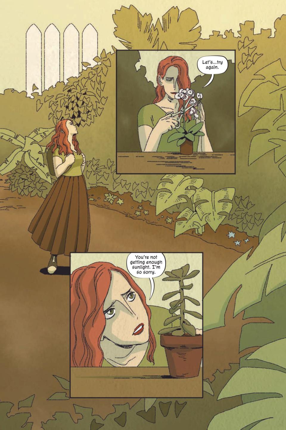 A page from Poison Ivy Thorns shows Ivy in the school garden tending flowers