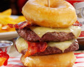 Meet the Double Donut Burger, a completely over-the-top culinary creation from UK pub chain Hungry Horse. Squish not one but two meat patties, cheese and 4 pieces of bacon between two glazed doughnuts and you have an artery-clogging 2000-calorie feast sold under the slogan 'So Wrong It's Right'.