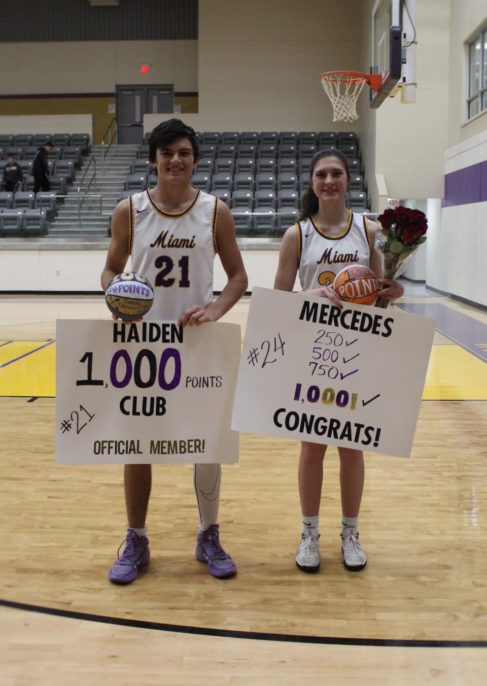 Miami's Haiden Thompson (left) and Mercedes Hartwig joined the 1,000 point club on Tuesday, February 7, 2023 at Miami High School.