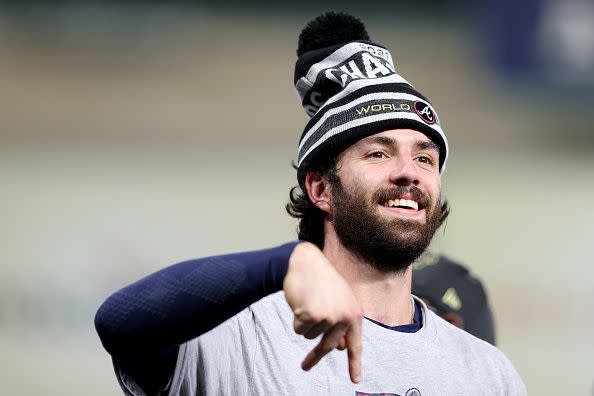 HOUSTON, TEXAS - NOVEMBER 02:  Dansby Swanson #7 of the Atlanta Braves celebrates after the team's 7-0 victory against the Houston Astros in Game Six to win the 2021 World Series at Minute Maid Park on November 02, 2021 in Houston, Texas. (Photo by Elsa/Getty Images)