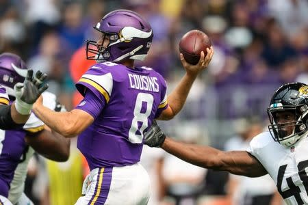 Aug 18, 2018; Minneapolis, MN, USA; Minnesota Vikings quarterback Kirk Cousins (8) throws during the second quarter against Jacksonville Jaguars at U.S. Bank Stadium. Mandatory Credit: Brace Hemmelgarn-USA TODAY Sports