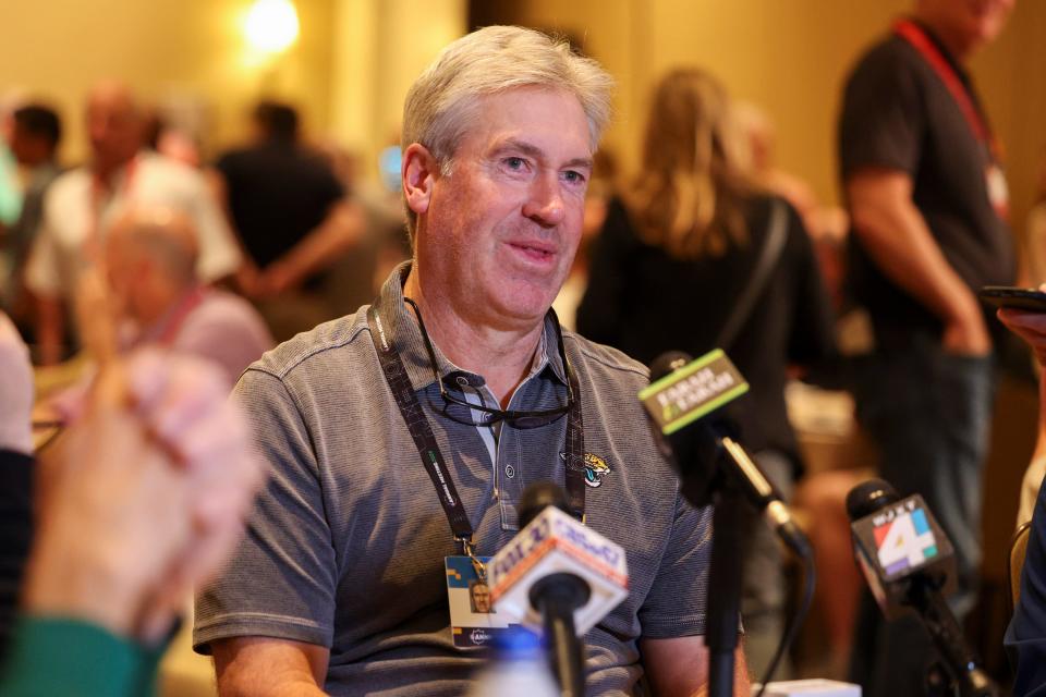 Jacksonville Jaguars head coach Doug Pederson talks to media during the NFL annual league meetings in Orlando.