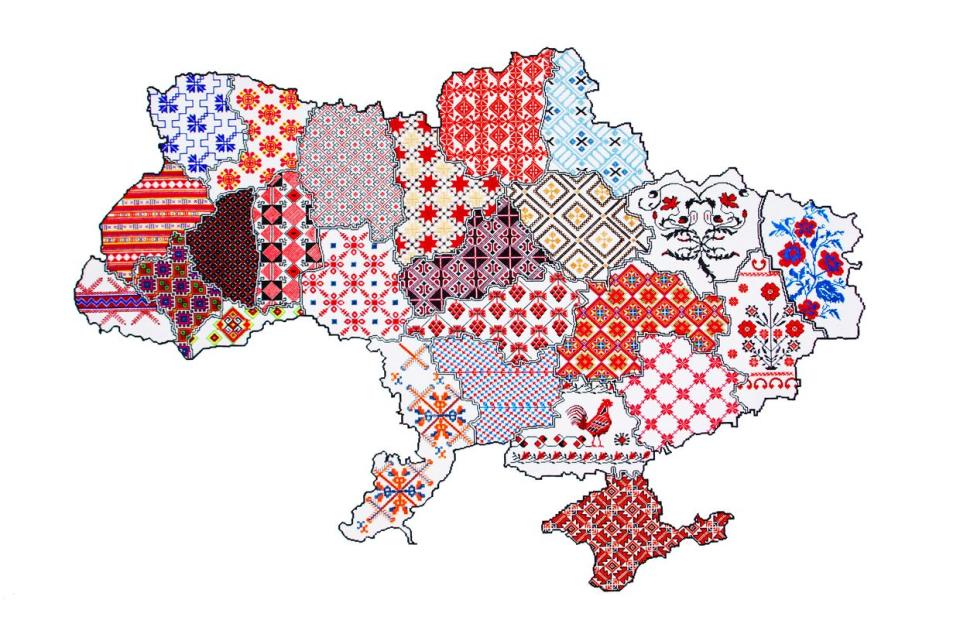Embroidered map of Ukraine with the patterns representing different regions of Ukraine. The map was created by Luhansk craftswomen. (Wikimedia)