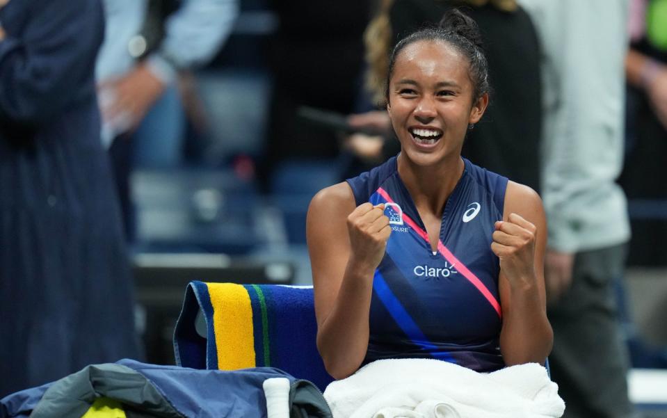  Leylah Fernandez of Canada celebrates after her match against Aryna Sabalenka of Belarus (not pictured) on day eleven of the 2021 U.S. Open tennis tournament - USA TODAY