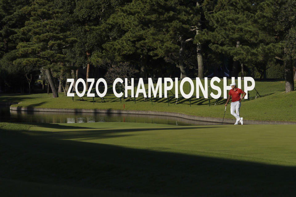 Collin Morikawa of the United States is seen on the sixteenth green in the final round of the PGA Tour Zozo Championship at the Narashino Country Club in Inzai on the outskirts of Tokyo, Sunday, Oct. 22, 2023. (AP Photo/Tomohiro Ohsumi)