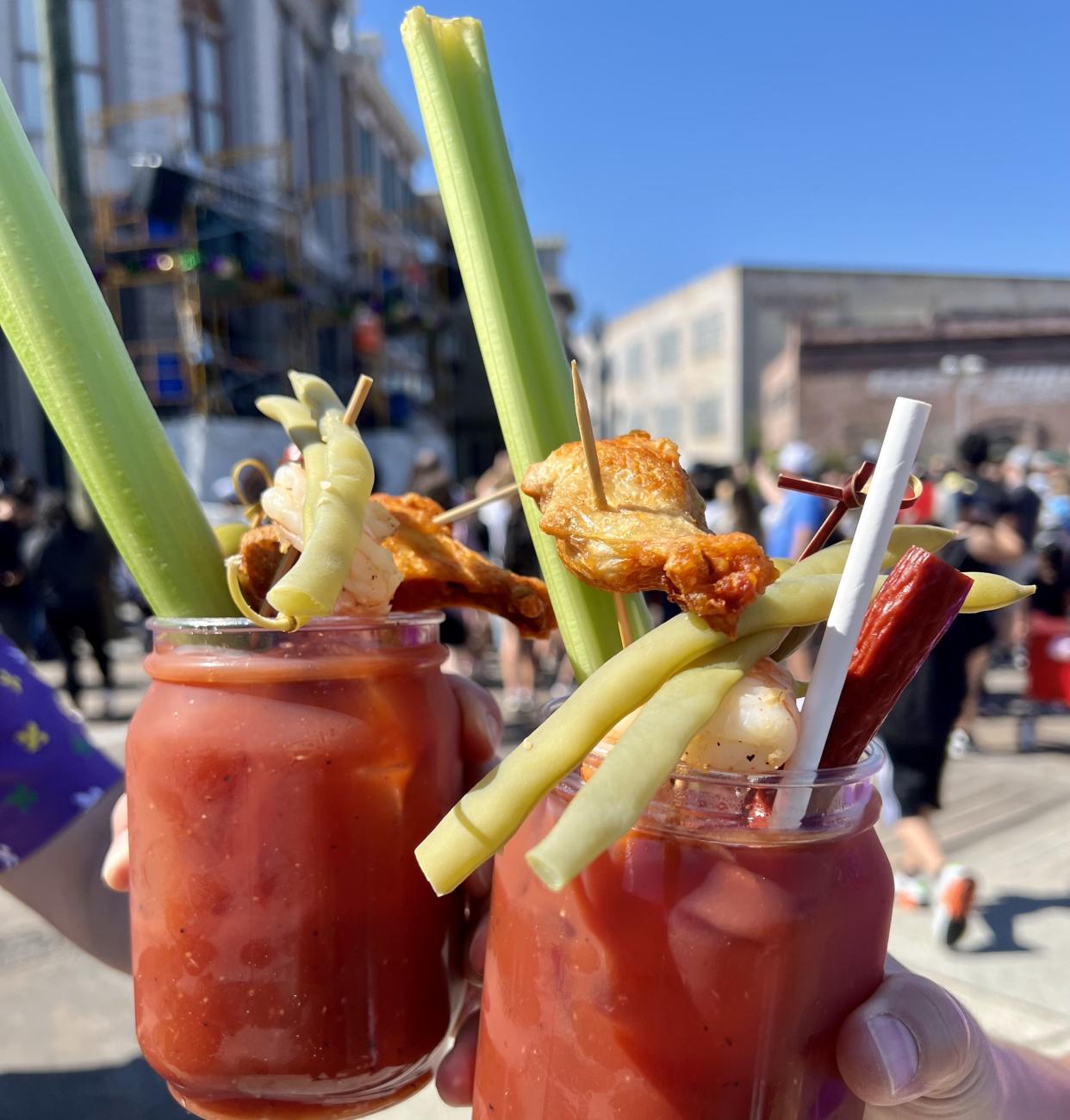 The real Mardi Gras party starts with these Bloody Marys, topped with everything from celery to a chicken wing. (Photo: Terri Peters)