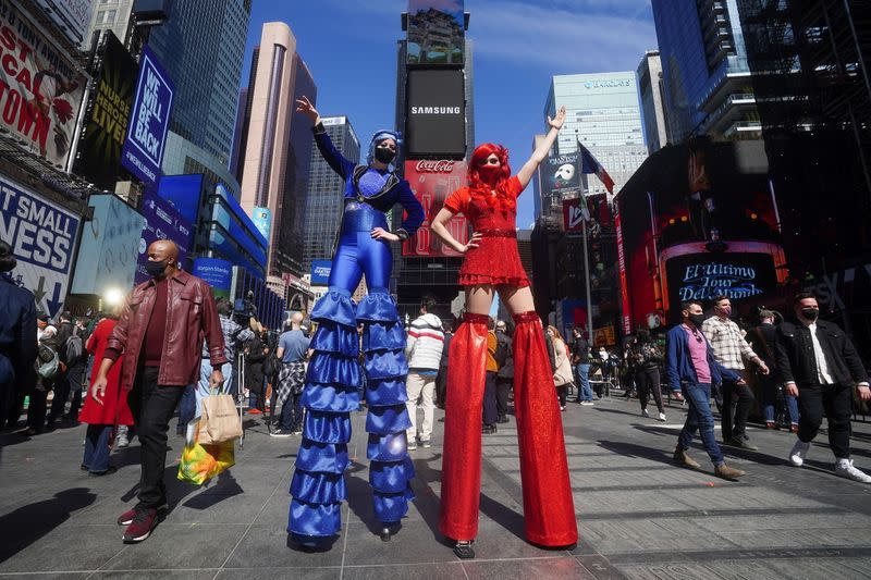 Performers take part in a pop up Broadway performance in anticipation of Broadway reopening in New York City