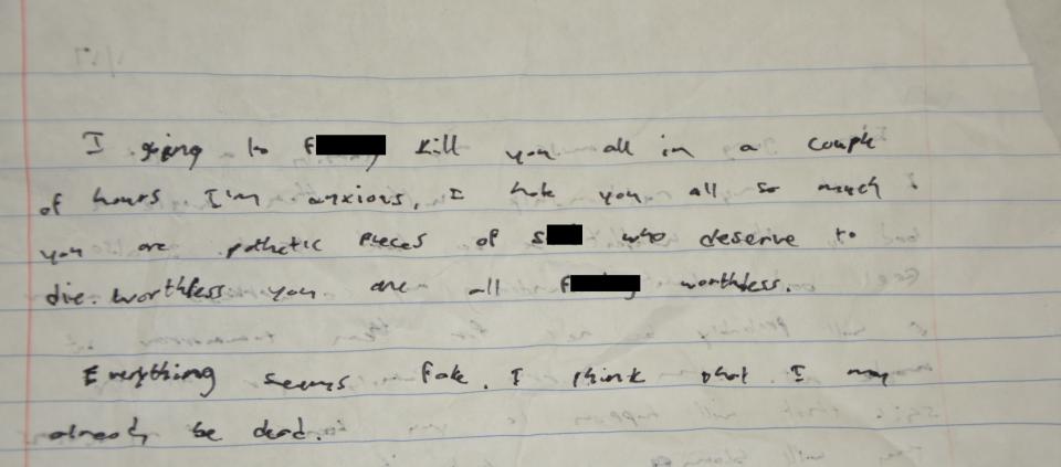 This undated photo provided by the Howard County Police Department shows a journal entry written by Darion Marcus Aguilar, who killed two employees at a Maryland mall Jan. 25, 2014, before turning the gun on himself. Police said Wednesday, March 12, that Aguilar acted alone, had no connection with his victims and may have had a fixation with the 1999 Columbine High School shooting. (AP Photo/Howard County Police Department)