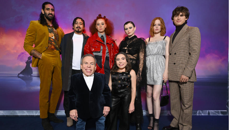 (L-R Back row) Amar Chadha-Patel, Tony Revolori, Erin Kellyman, Ruby Cruz, Ellie Bamber and Dempsey Bryk, (L-R front row) Warwick Davis and Annabelle Davis attend the UK Special Screening of Lucasfilm's 'Willow'